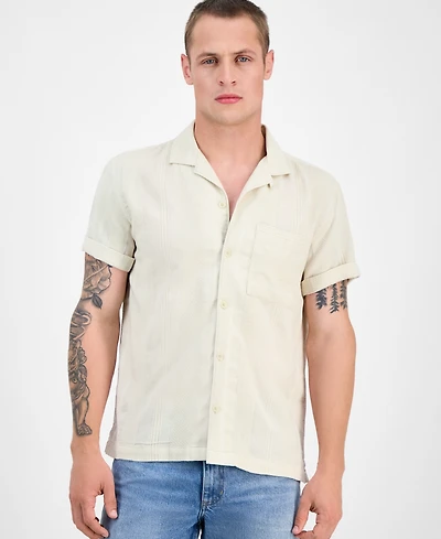 Sun + Stone Men's Ford Short Sleeve Textured Striped Button-Front Camp Shirt, Exclusively at Macy's