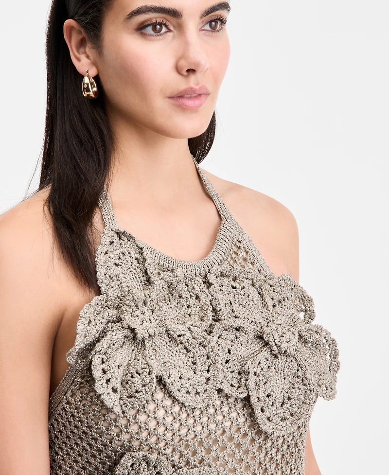 I.n.c. International Concepts Women's Floral-Applique Metallic-Knit Halter Top, Exclusively at Macy's