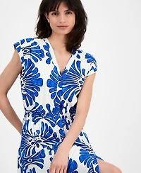 T Tahari Women's V-Neck Button-Front Fanned-Print Midi Dress