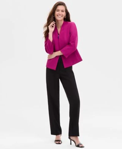 Kasper Womens Houndstooth Cap Sleeve Cowlneck Top One Button Seamed Slit Sleeve Jacket Fly Front Straight Leg Pants