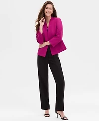 Kasper Womens Houndstooth Cap Sleeve Cowlneck Top One Button Seamed Slit Sleeve Jacket Fly Front Straight Leg Pants