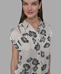 Karl Lagerfeld Paris Petite Floral-Print Drawcord-Hem Blouse