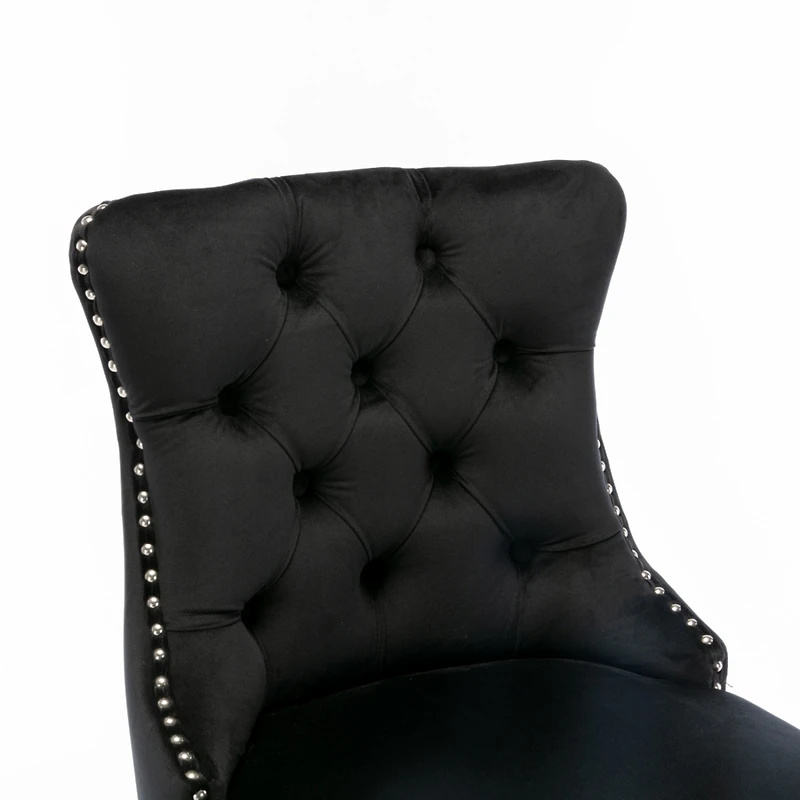 Contemporary Tufted Velvet Barstools with Wooden Legs (Black), Set of 2