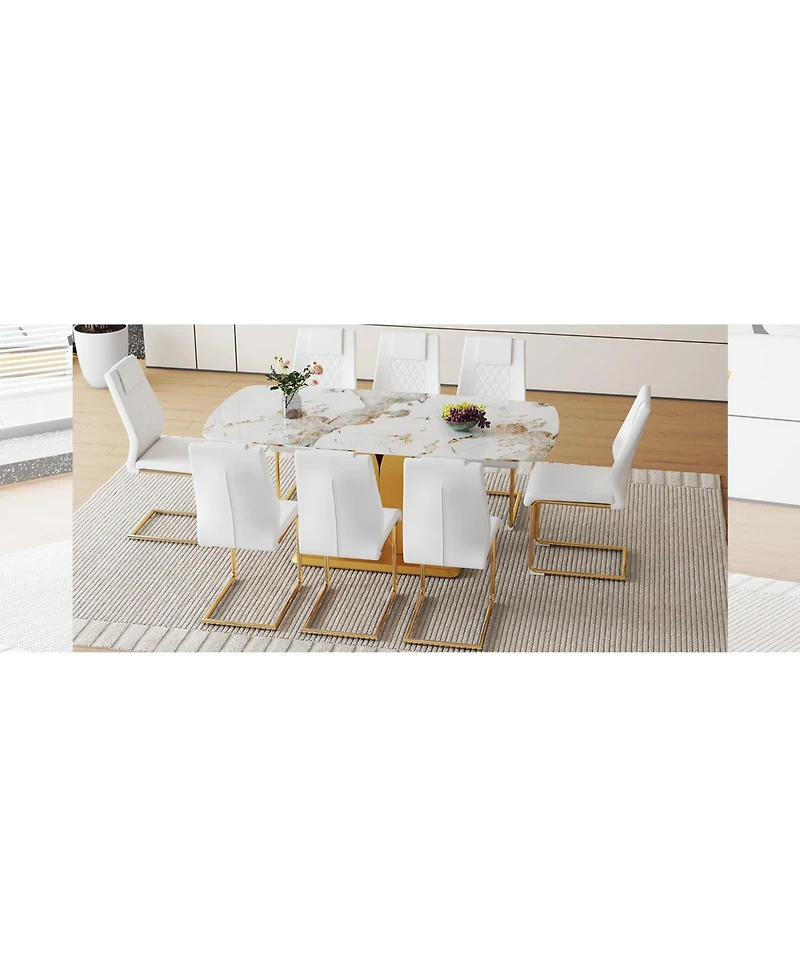 Streamdale Furniture Pandora Glass Dining Set 71" Table & 8 White Pu Chairs