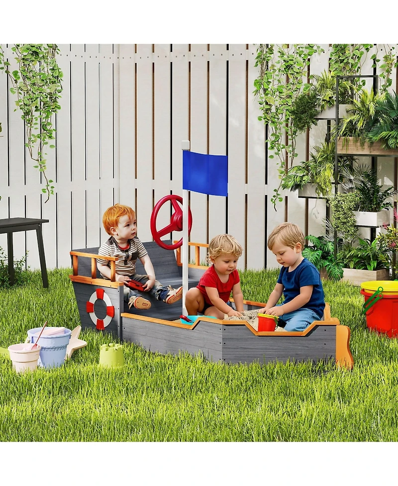 Outsunny 62 in. Wooden Kids box with Bottom Liner, Seats, Storage,