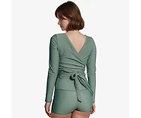 Calypsa Women's Avery 2-Piece Long Sleeve Wrap Swim Set With Reversible Top and Tummy Control Shorts