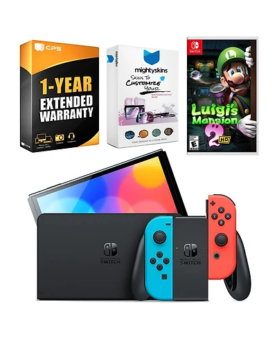 Nintendo Switch Neon Red & Blue Oled Console with Luigi's Mansion 2 Hd, MightySkins Console and Controller Skin Voucher