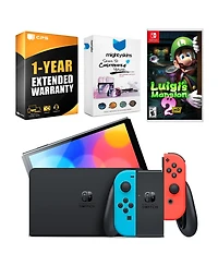 Nintendo Switch Neon Red & Blue Oled Console with Luigi's Mansion 2 Hd, MightySkins Console and Controller Skin Voucher