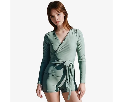 Calypsa Plus Avery 2-Piece Long Sleeve Wrap Swim Set With Reversible Top and Tummy Control Shorts