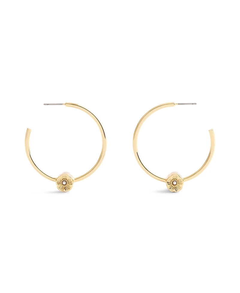 Coach Faux Stone Signature Tea Rose Medium Hoop Earrings