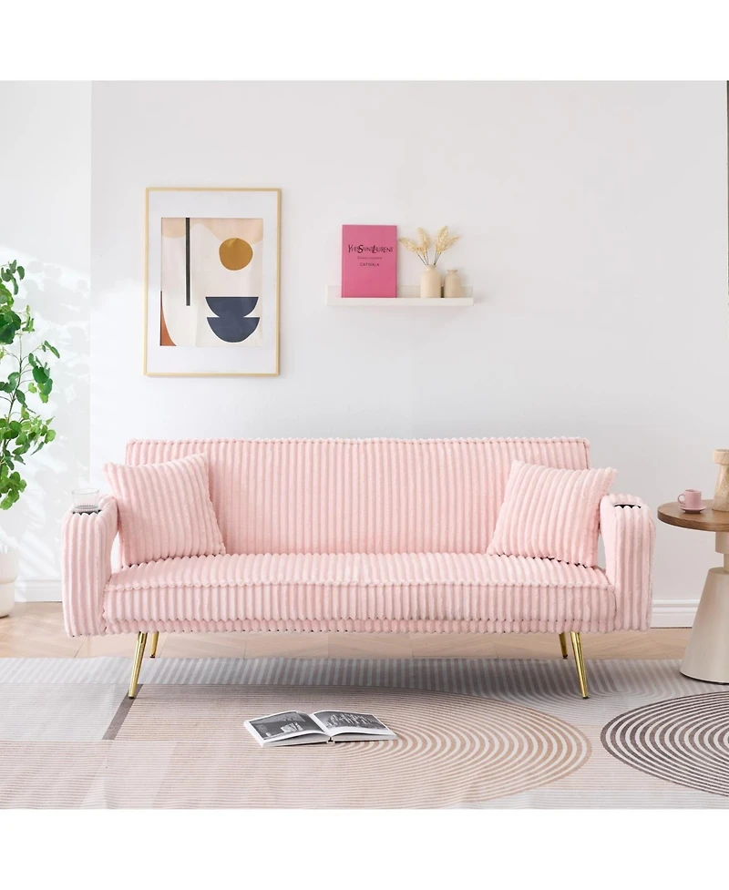 Streamdale White Corduroy Sofa with Pillows - Minimalist Living Room/Study