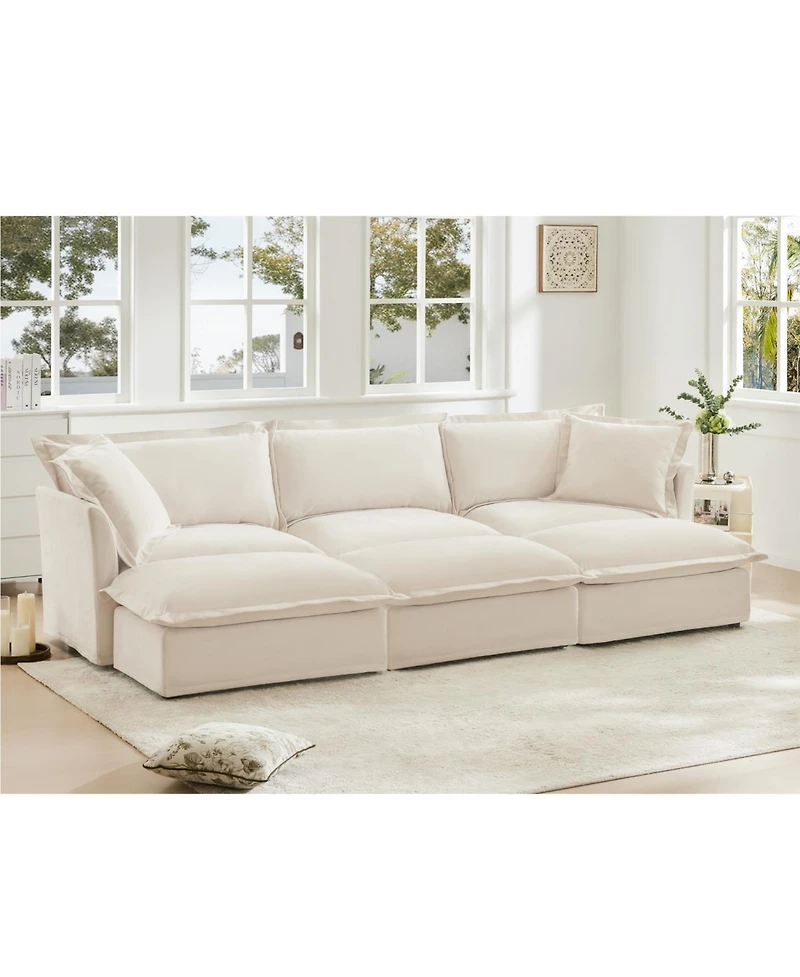 Streamdale Cream Chenille 3-Seat Sofa with Ottomans & Sleeper