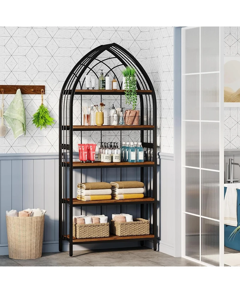 Tribesigns Tall Bookshelf, Industrial Curved Freestanding Display Shelf, Wood Storage Shelves with Metal Frame for Living Room