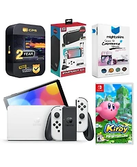 Nintendo Switch White Oled Console with Kirby and the Forgotten Land, Surge Accessory Gaming Kit, MightySkins Console and Controller Skin Voucher, and