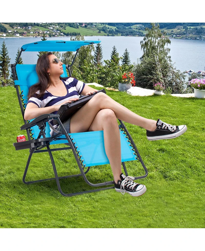 Gymax Folding Recliner Zero Gravity Lounge Chair W/ Shade Canopy Cup Holder