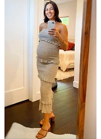 Pinkblush Maternity Taupe Leaf Print Smocked Fitted Midi Dress