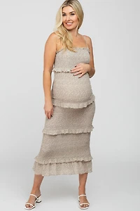 Pinkblush Maternity Taupe Leaf Print Smocked Fitted Midi Dress