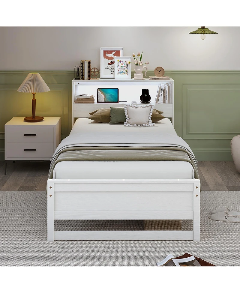 Gymax Twin Wooden Bed Frame w/ Charging Station & Led Light Storage Headboard
