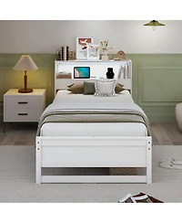 Gymax Twin Wooden Bed Frame w/ Charging Station & Led Light Storage Headboard