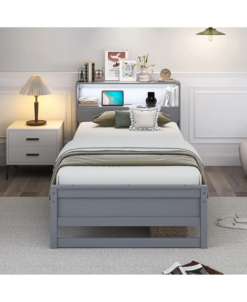 Gymax Twin Wooden Bed Frame w/ Charging Station & Led Light Storage Headboard