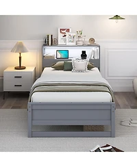 Gymax Twin Wooden Bed Frame w/ Charging Station & Led Light Storage Headboard