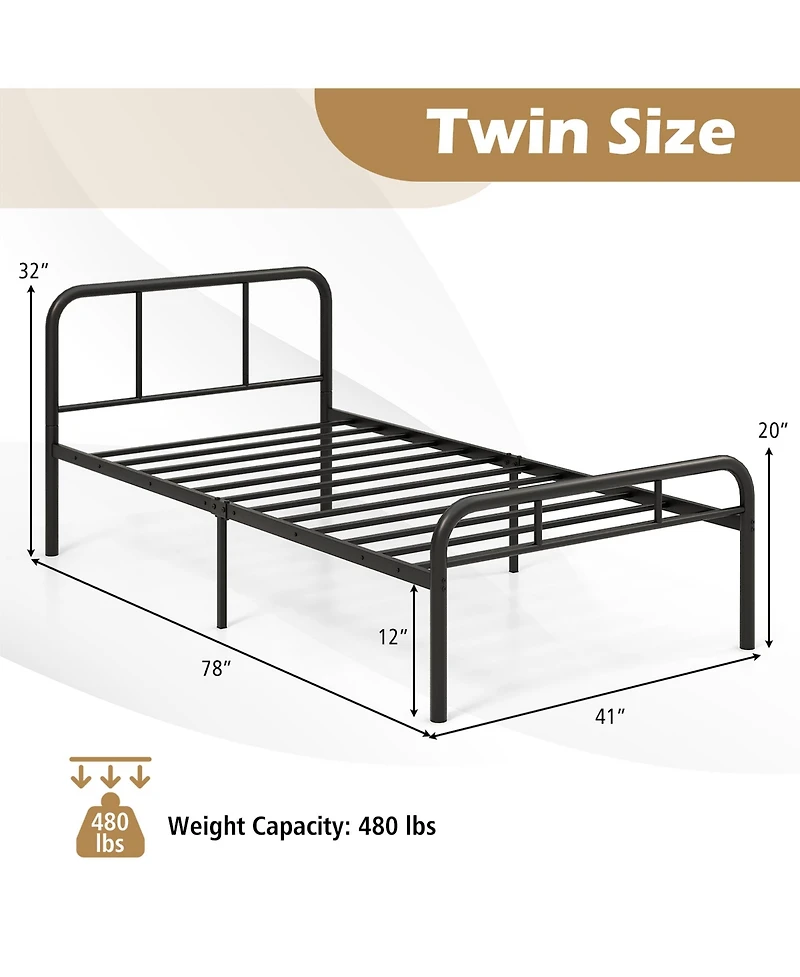 Gymax Twin Bed Frame Metal Platform Bed Base w/ Headboard & Footboard Under Bed Storage