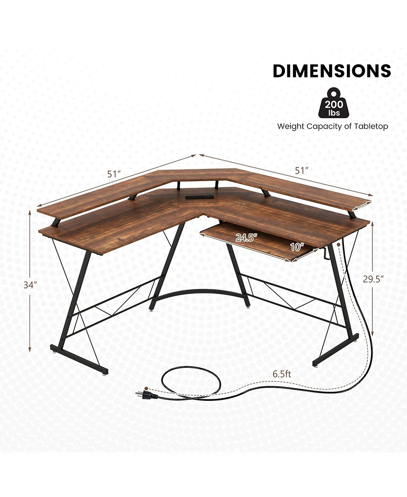 L-shaped Computer Desk with Power Outlet and Monitor Stand