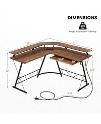 L-shaped Computer Desk with Power Outlet and Monitor Stand