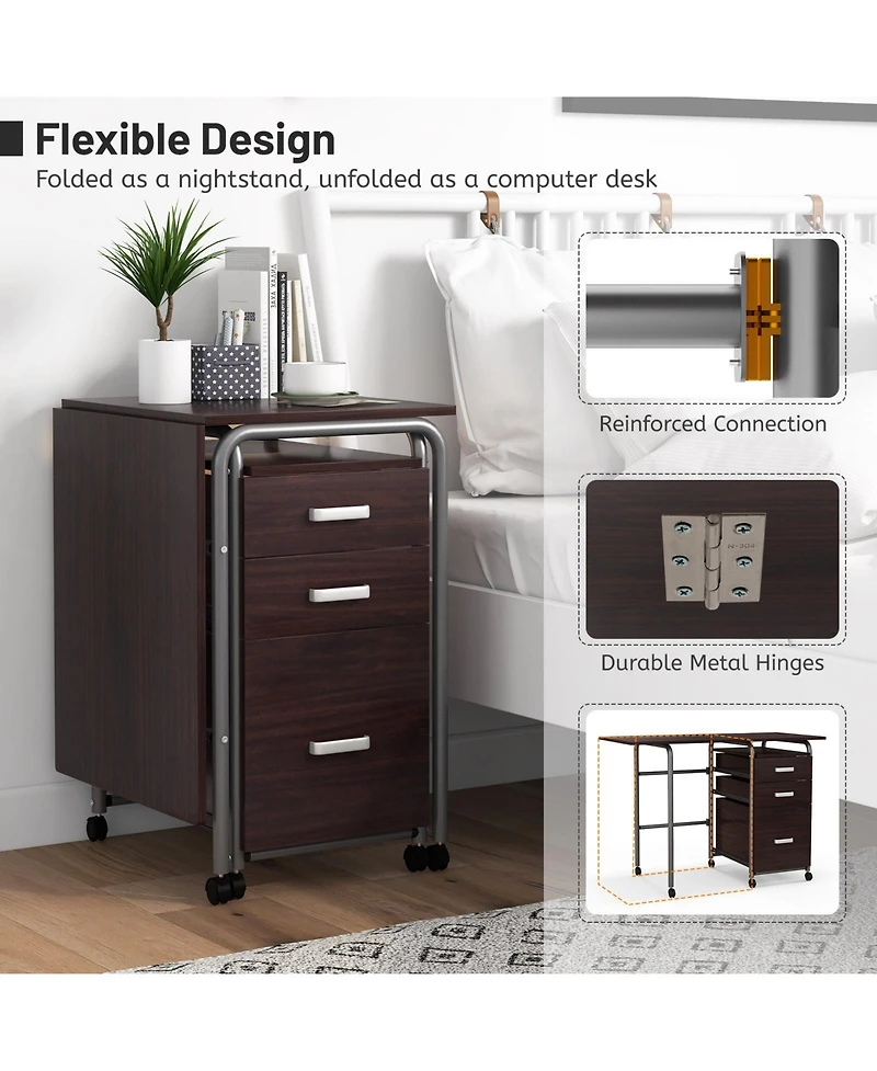 Home Office Folding Computer Laptop Desk Wheeled with 3 Drawers