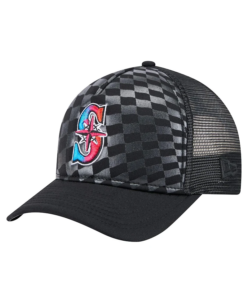 New Era Men's Black Seattle Mariners Gradient 9FORTY A-Frame M-Crown Trucker Adjustable Hat