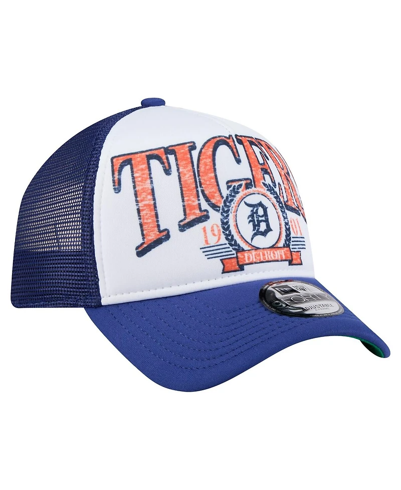 New Era Men's White/Navy Detroit Tigers Distressed 9FORTY A-Frame Adjustable Trucker Hat