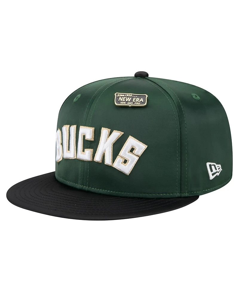 New Era Men's Hunter Green/Black Milwaukee Bucks Throwback Satin Vintage Pin Two-Tone 59FIFTY Fitted Hat