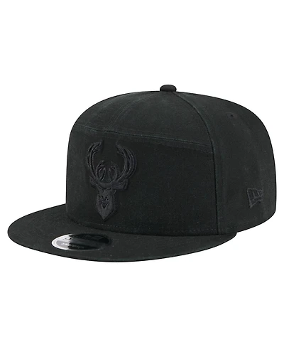 New Era Men's Black Milwaukee Bucks Adventure Canvas Split Panel 9FIFTY Snapback Hat