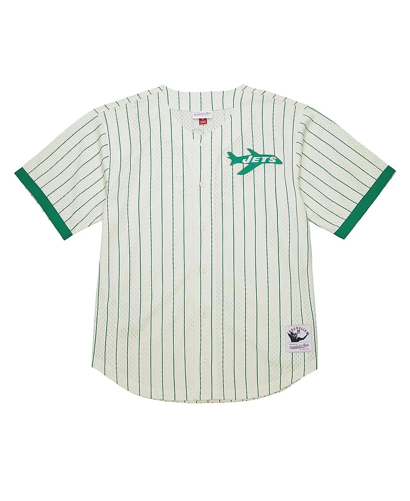Mitchell & Ness Men's Cream New York Jets Vintage Logo Final Seconds Full-Button Mesh T-Shirt