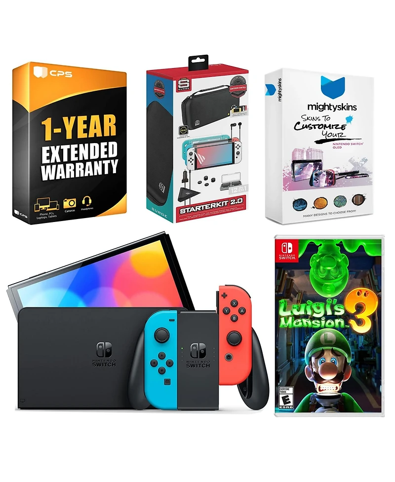 Nintendo Switch Neon Red & Blue Oled Console with Luigi s Mansion 3, Surge Accessory Gaming Kit, MightySkins Console and Controller Skin Voucher, and