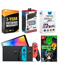 Nintendo Switch Neon Red & Blue Oled Console with Luigi s Mansion 3, Surge Accessory Gaming Kit, MightySkins Console and Controller Skin Voucher, and