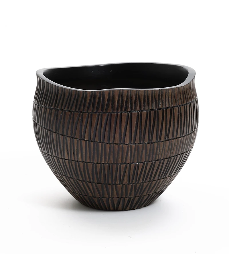 LuxenHome Brown with Black V-Pattern Polyresin -Inch Round Planter