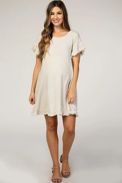 Pinkblush Maternity Beige Fringe Linen Dress