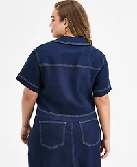 Bar Iii Trendy Plus Size Seamed Denim Zip-Front Top, Exclusively at Macy's