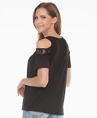 White Mark Women's Cold Shoulder Lace Trim Knit Top