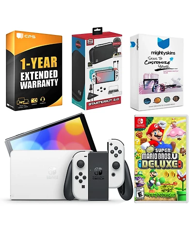 Nintendo Switch White Oled Console with New Super Mario Bros. U Deluxe, Surge Accessory Gaming Kit, MightySkins Console and Controller Skin Voucher