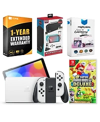 Nintendo Switch White Oled Console with New Super Mario Bros. U Deluxe, Surge Accessory Gaming Kit, MightySkins Console and Controller Skin Voucher