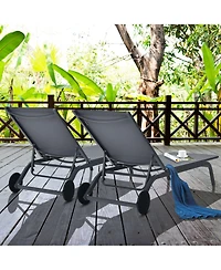 Gymax Set of 2 Patio Chaise Lounge Chair Aluminum Adjustable Recliner w/ Wheels