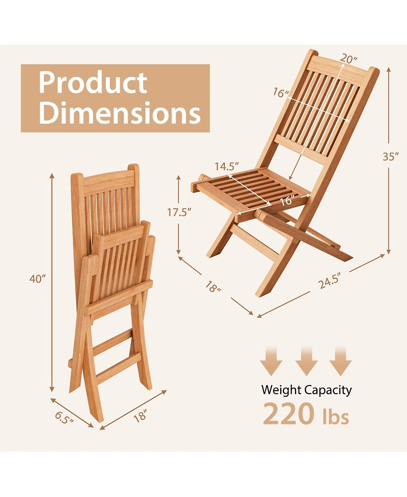 Gymax Set of 2 Indonesia Teak Wood Outdoor Chair Folding Portable Patio Chair w/ Slatted Seat & Back
