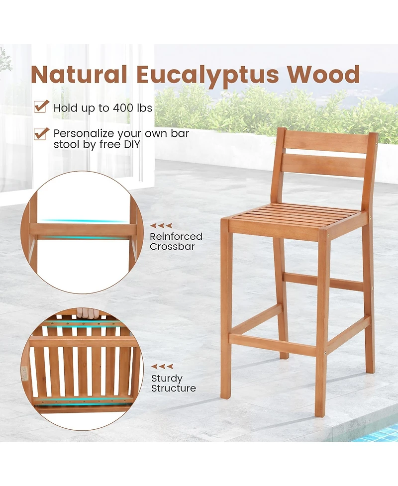 Gymax Patio Eucalyptus Wood Bar Stools Set of 2 Outdoor Bar Height Patio Chairs w/ Cushions