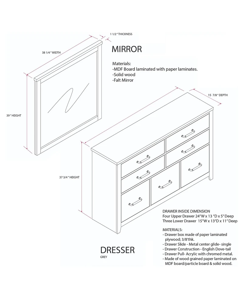 Kings Brand Furniture Harmony Wood 5-Drawer Dresser with Mirror