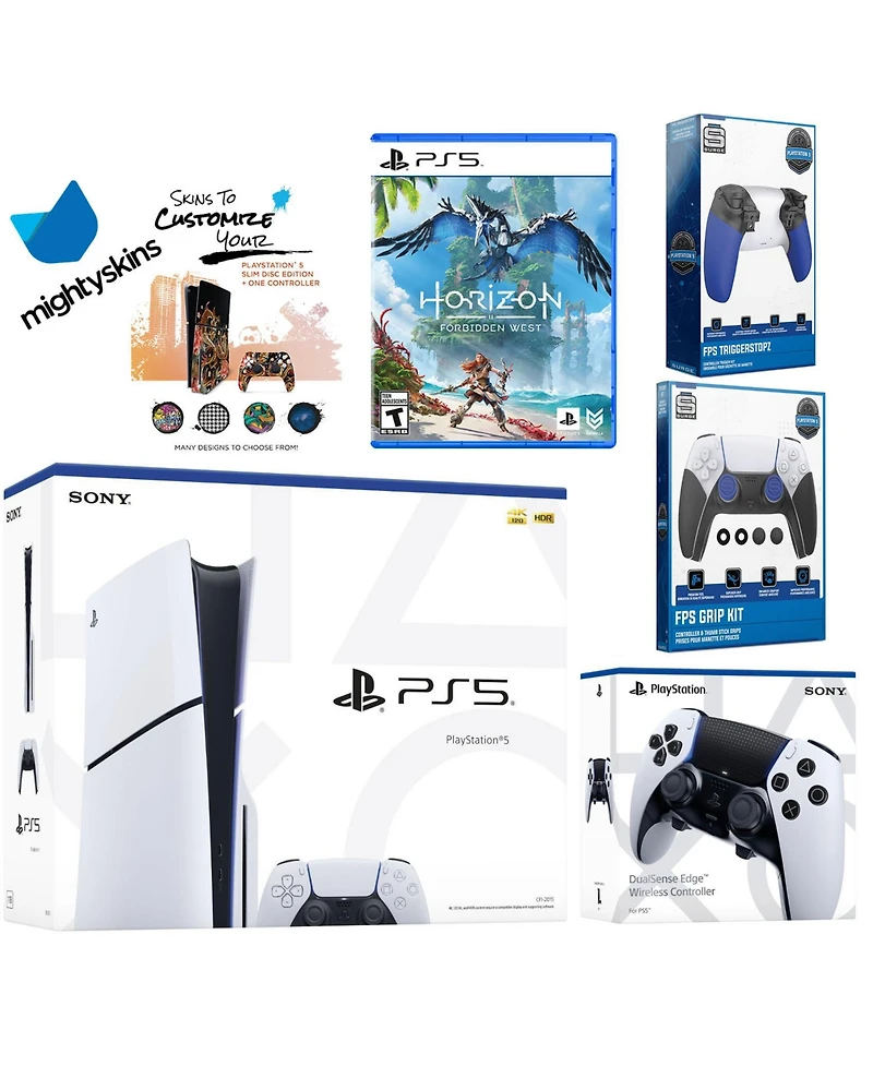 Sony Playstation 5 Slim Disc Bundle with Horizon Forbidden West, Extra Edge Controller, Trigger Stop Kit, Fps Grip Kit and MightySkins Decal Voucher