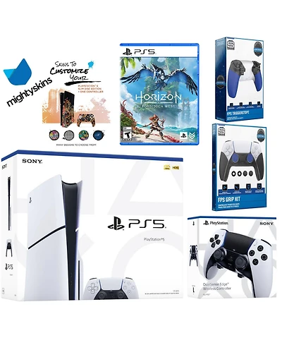 Sony Playstation 5 Slim Disc Bundle with Horizon Forbidden West, Extra Edge Controller, Trigger Stop Kit, Fps Grip Kit and MightySkins Decal Voucher