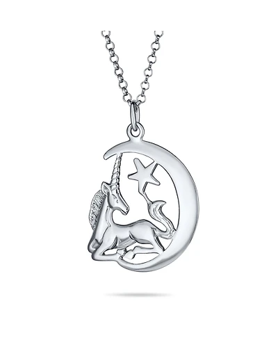 Bling Jewelry Unique Crescent Moon & Star Celestial Pegasus Unicorn Pendant Necklace Sterling Silver