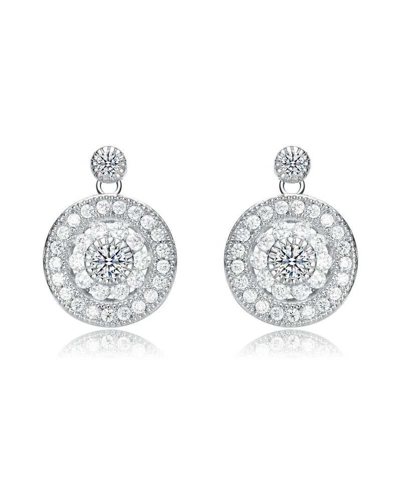 White Gold Plated with Clear Cubic Zirconia Concentric Halo Medallion Drop Earrings